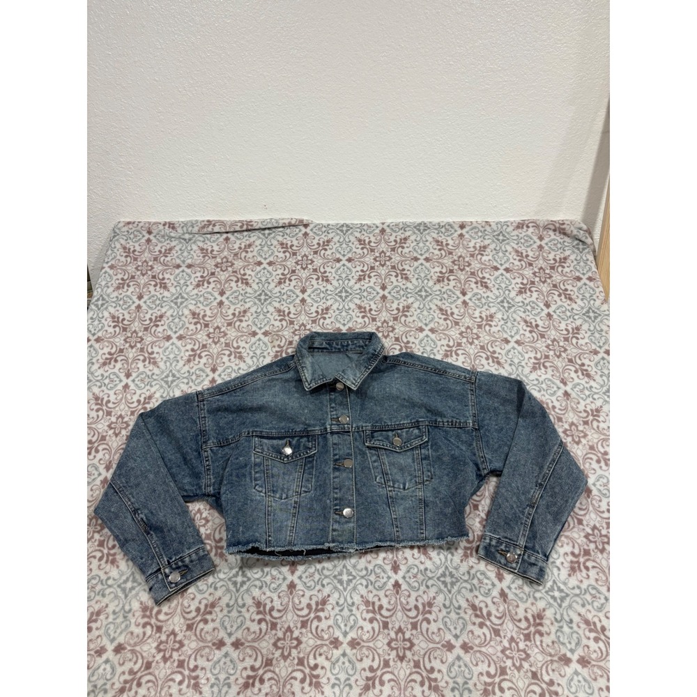 Blu Edit Womens Cropped Denim Jacket Medium Wash Raw Hem Elastic Back Size M